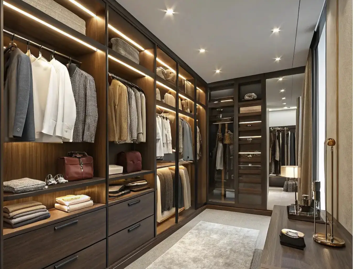 custom dark wood walk-in closet with integrated lighting