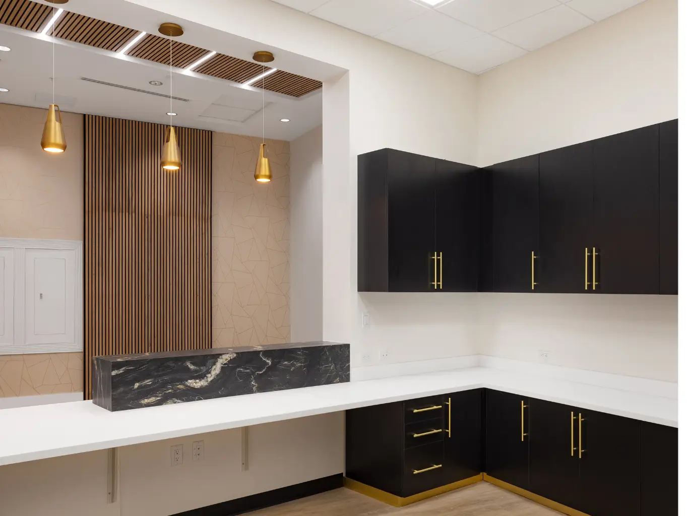black laminate cabinets with gold hardware in a luxury reception area